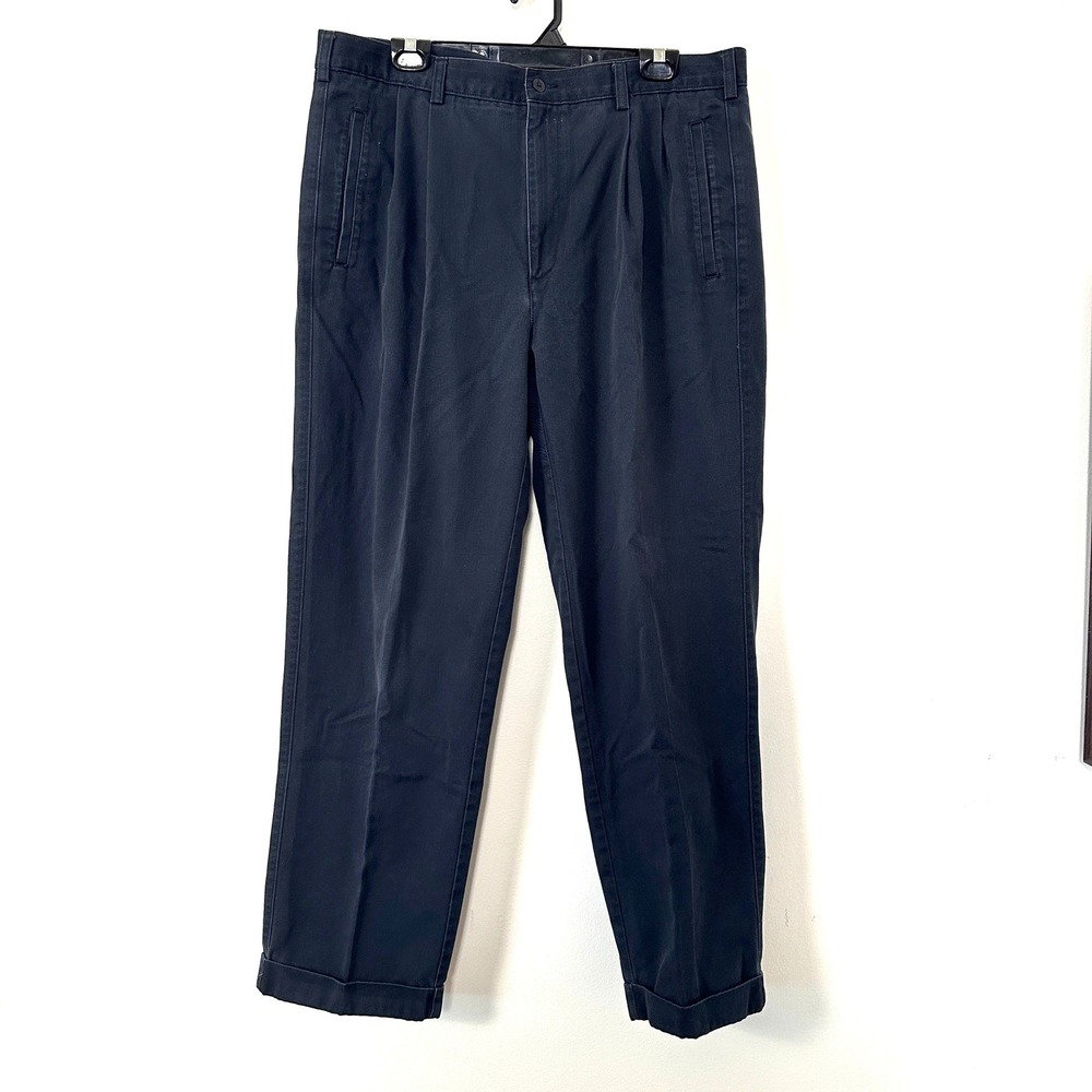 VTG Savane Pleated Chinos Navy Blue Cotton Pants Cuffed 38x30 Old Money DadCore